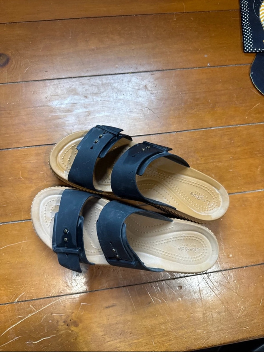 CROCS Black Dual-Strap Platform Slides with Tan Braided Wedge - Picture 5 of 6